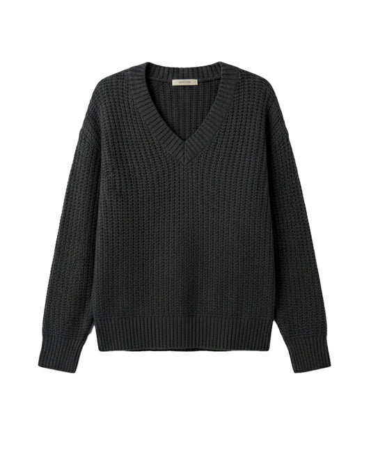 V-NECK TEXTURED KNIT BLACK SWEATER