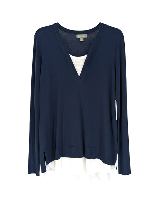TWO-FER LAYERED V-NECK BLUE SWEATER