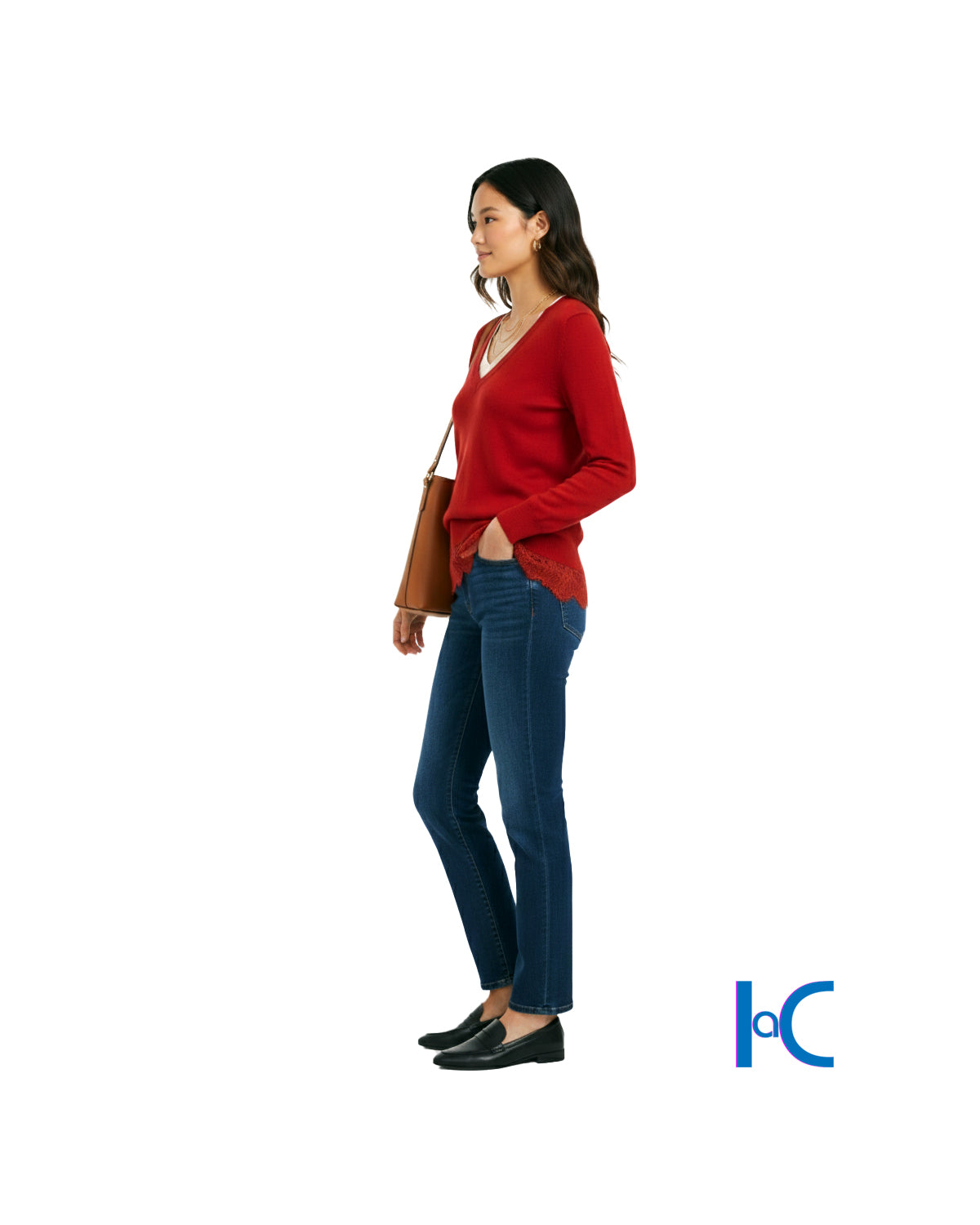 RED LACE TRIM V-NECK SWEATER