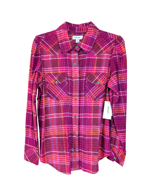 WOMEN'S MAGENTA PLAID WESTERN BLOUSE