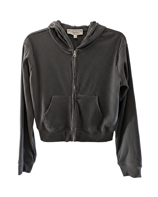 HIPPIE ROSE RIBBED ZIP-UP CROPPED HOODIE