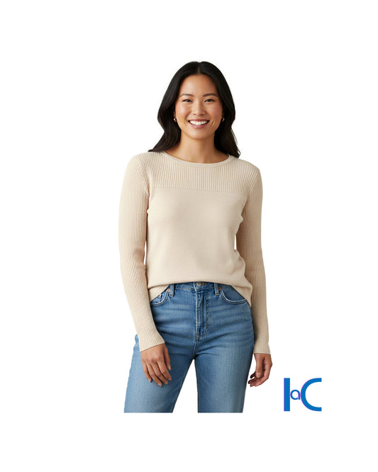 WOMEN'S RIBBED YOKE CREWNECK KNIT TOP