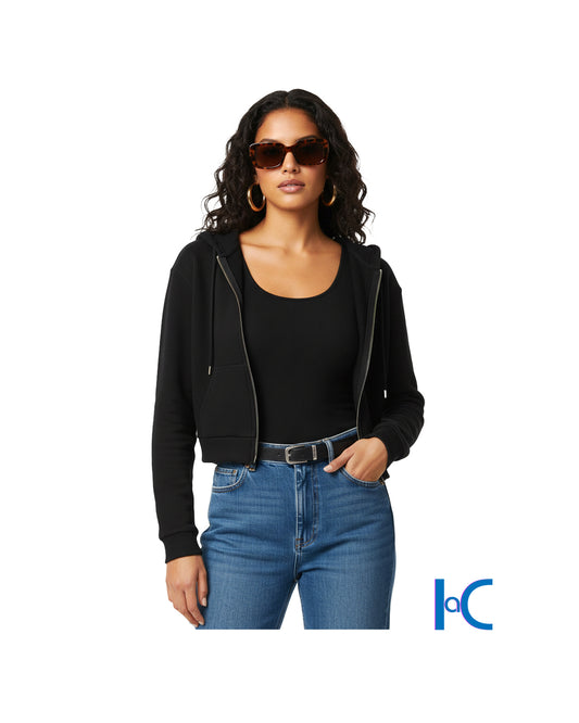 BLACK BOXY CROPPED ZIP-UP HOODIE