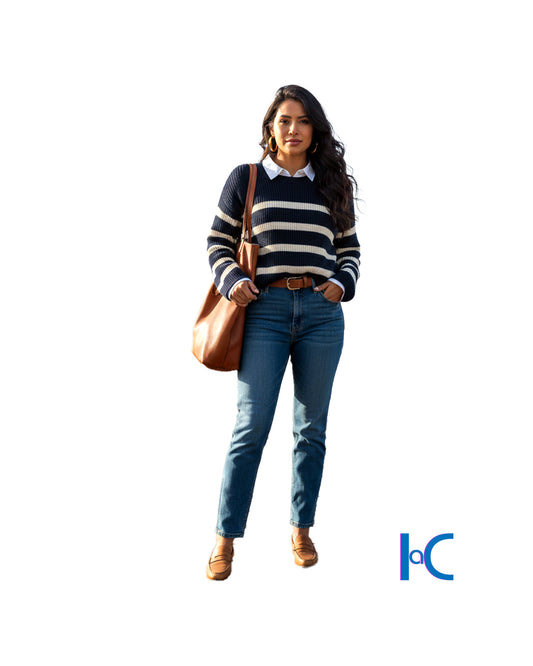 NAVY STRIPED RIBBED KNIT SWEATER