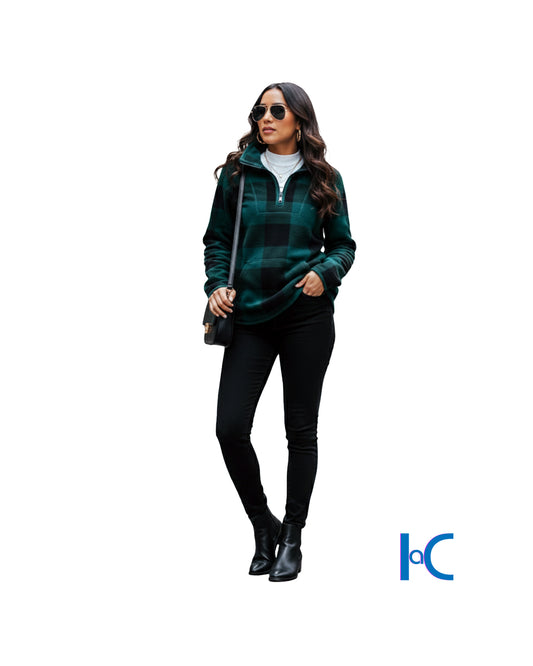 WOMEN'S HALF ZIP PLAID FLEECE PULLOVER