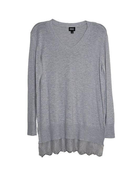 GREY LACE TRIM V-NECK SWEATER