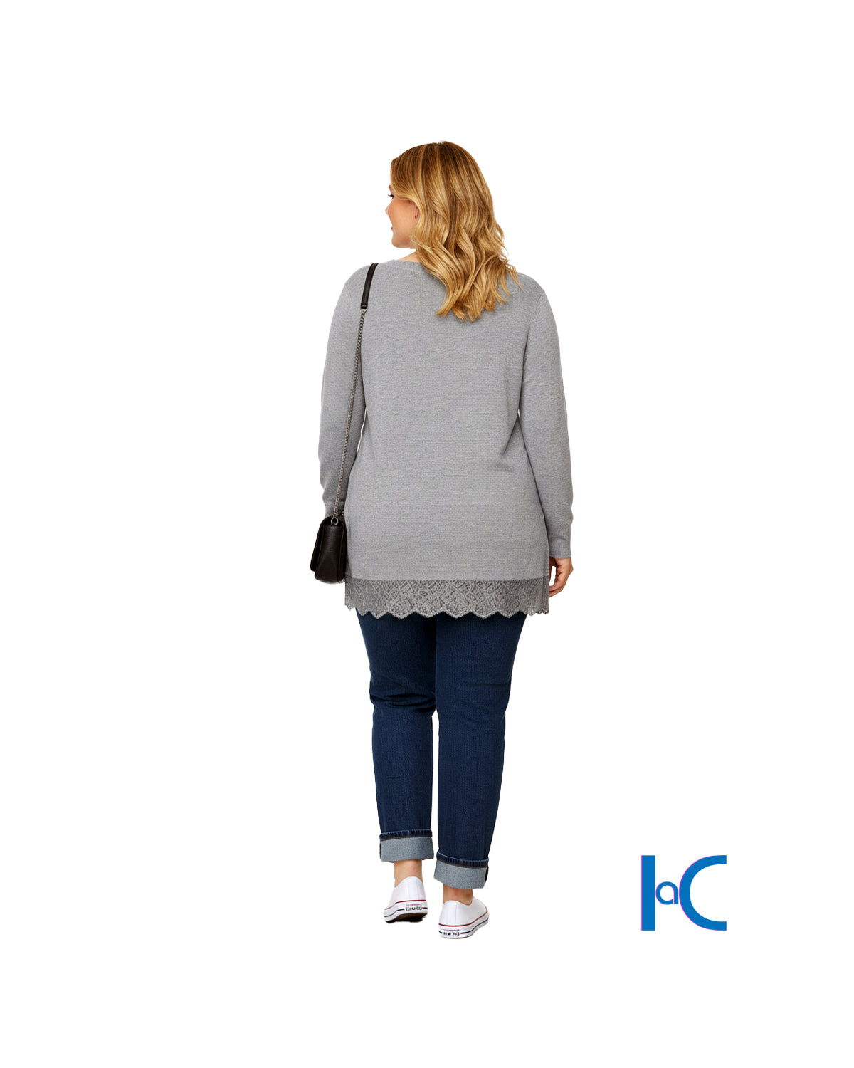 GREY LACE TRIM V-NECK SWEATER