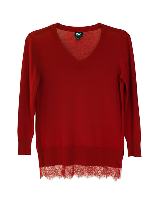RED LACE TRIM V-NECK SWEATER