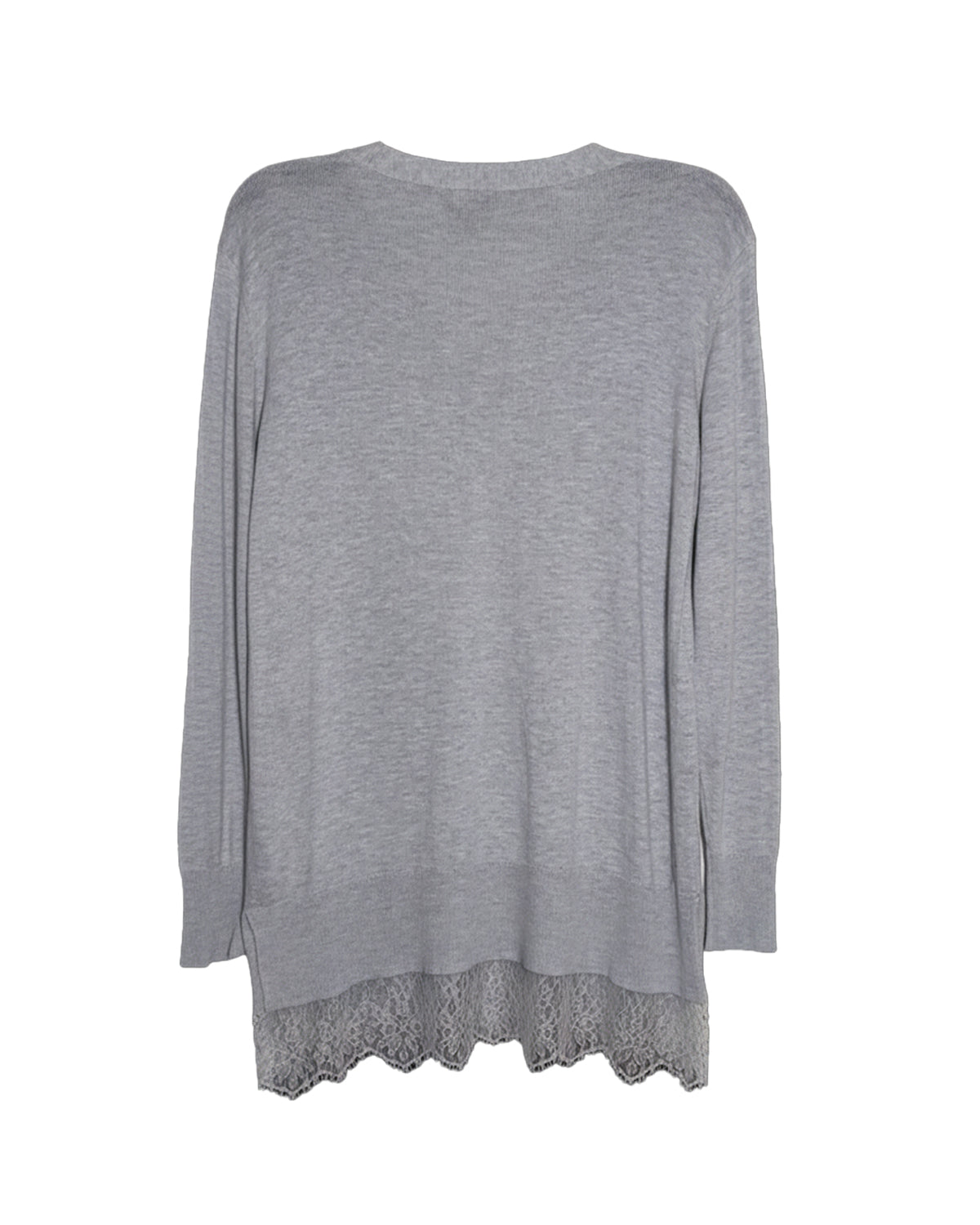 GREY LACE TRIM V-NECK SWEATER