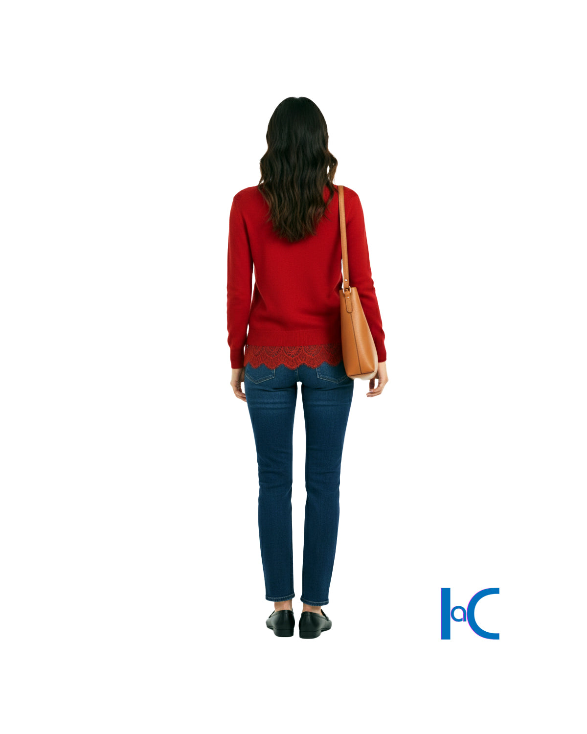 RED LACE TRIM V-NECK SWEATER