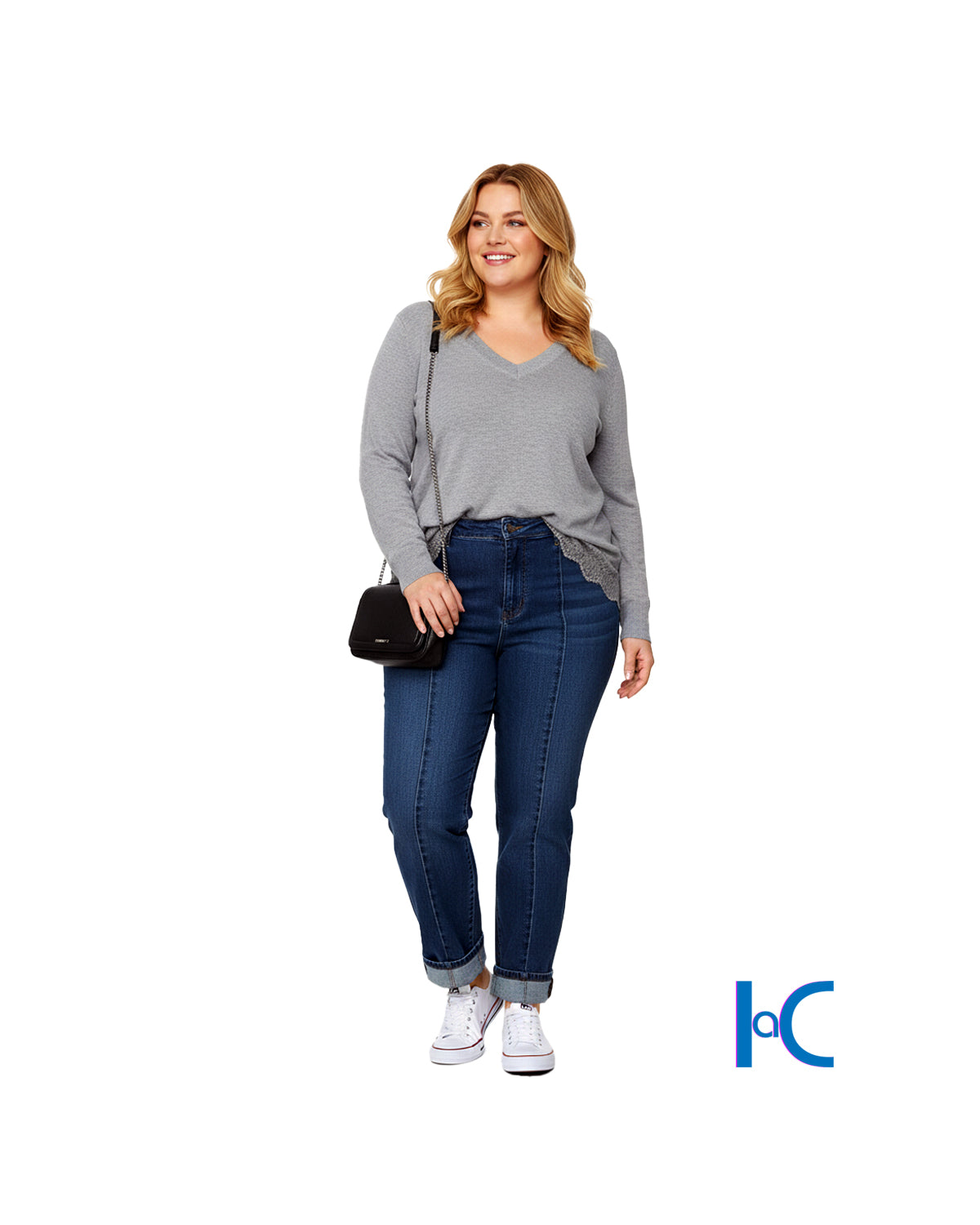 GREY LACE TRIM V-NECK SWEATER