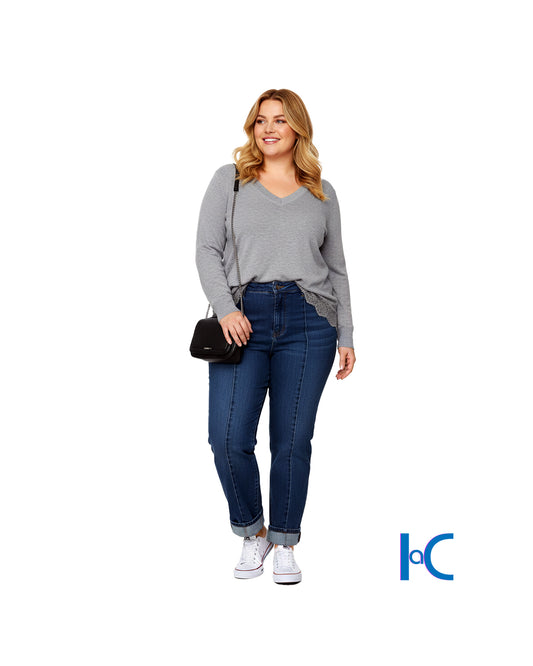 GREY LACE TRIM V-NECK SWEATER