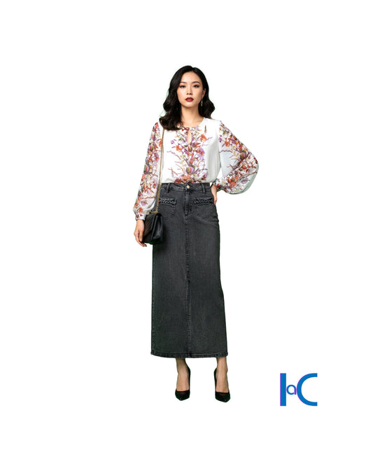 WASHED BLACK DENIM MAXI SKIRT