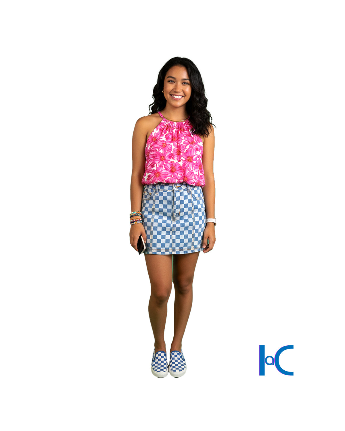 BLUE CHECKERED DENIM MINISKIRT